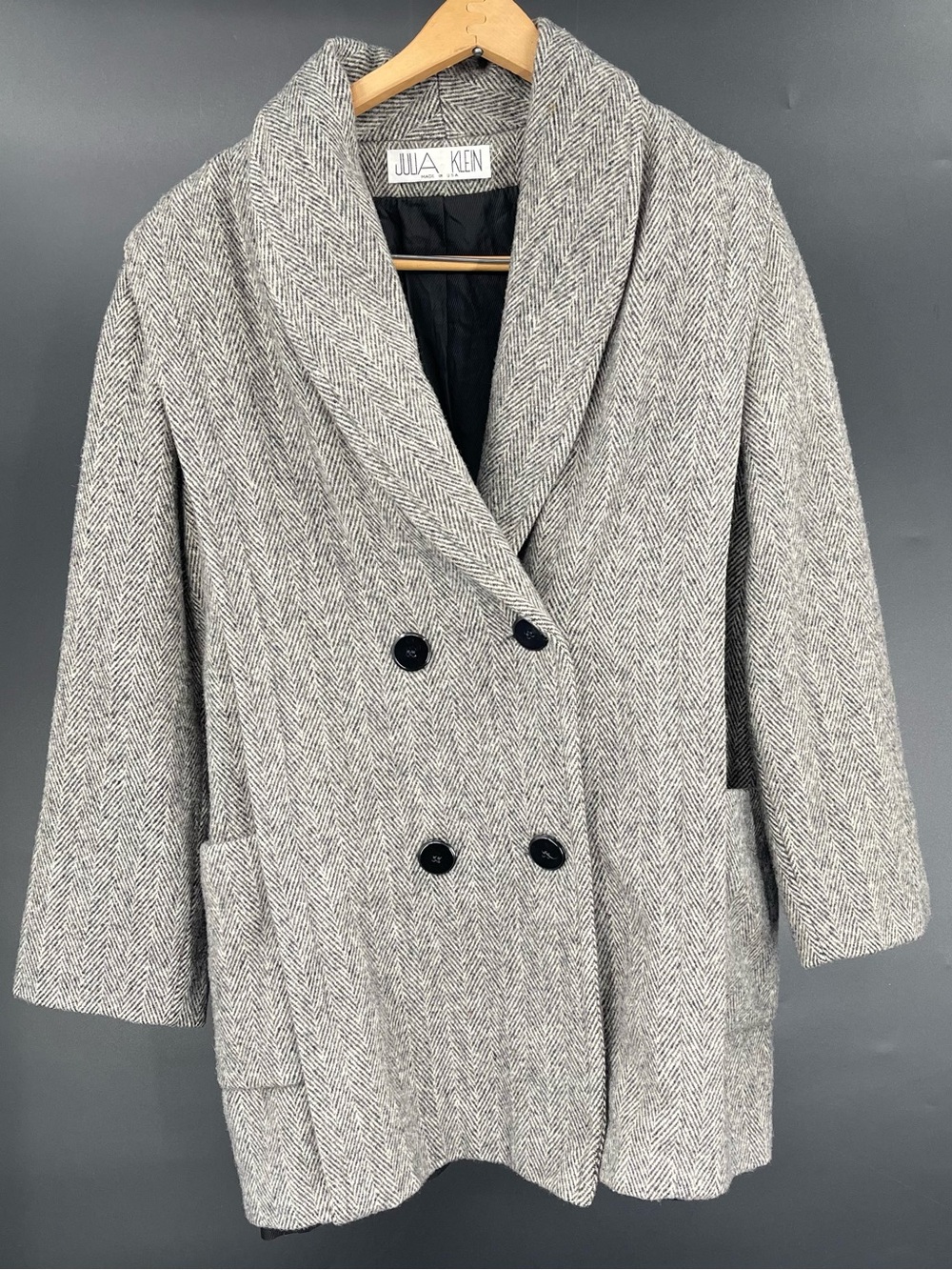 Julia Klein Gray USA Vintage Wool Herringbone Double-Breasted Coat Size 6